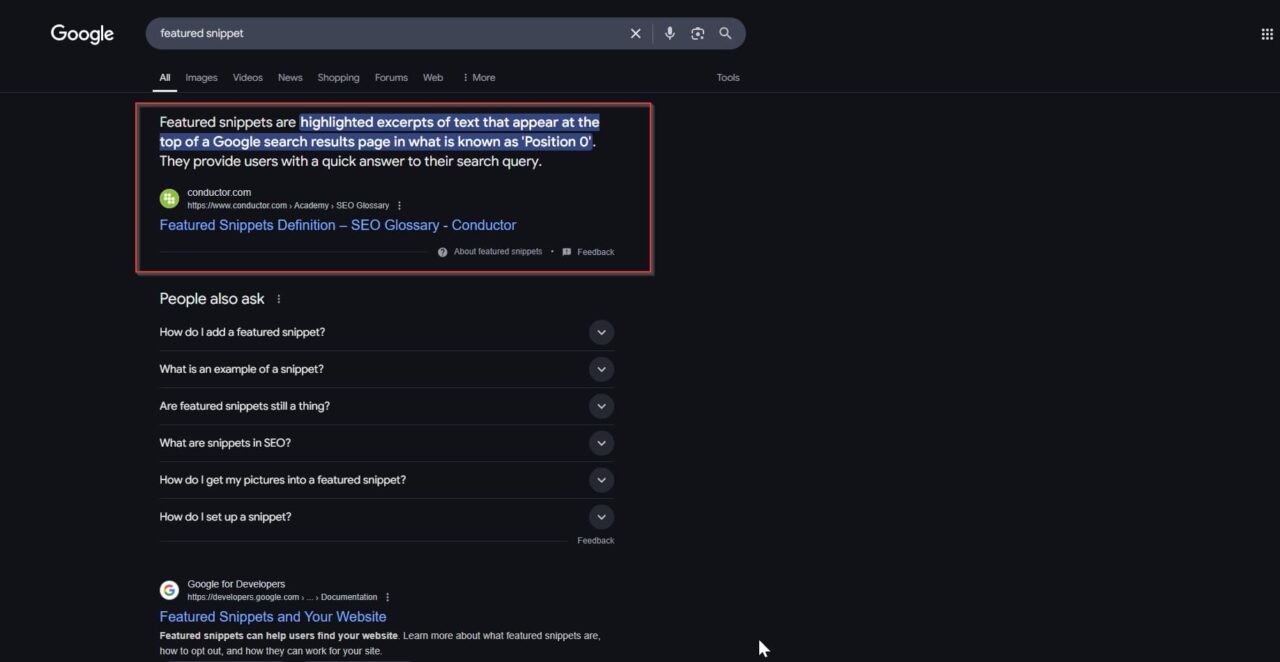 Definition of featured snippet in Google Search