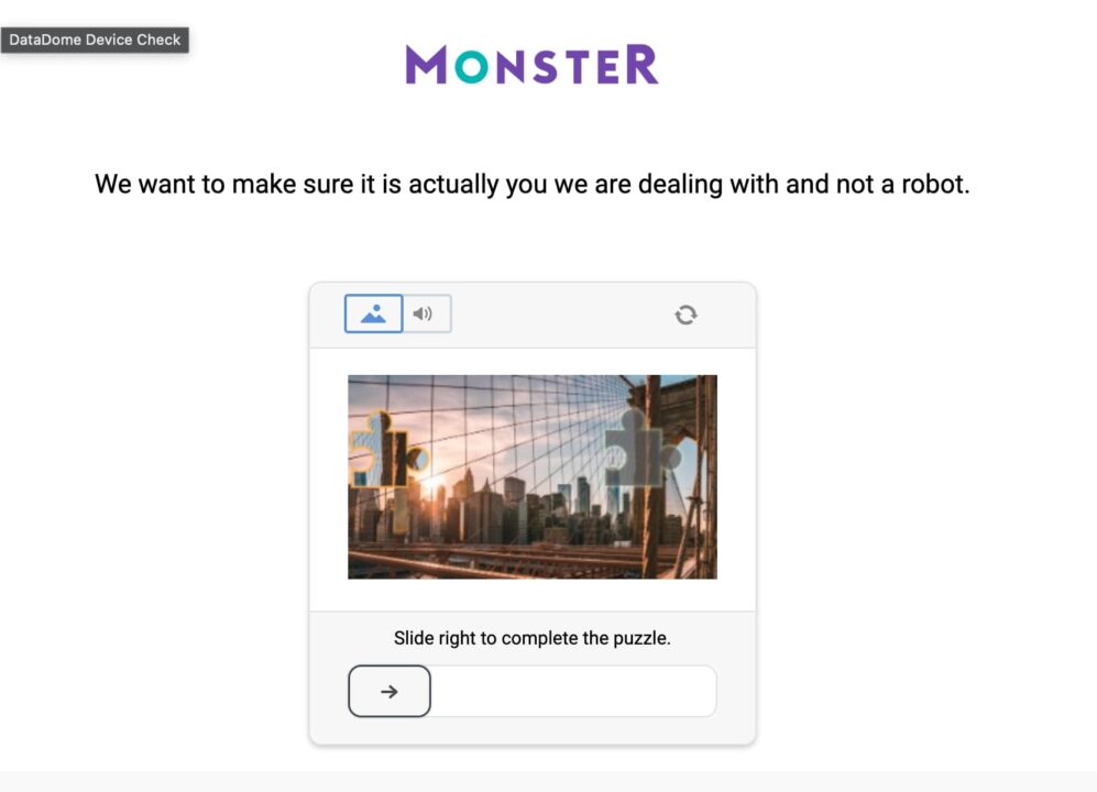 Monster website robot verification puzzle with city skyline