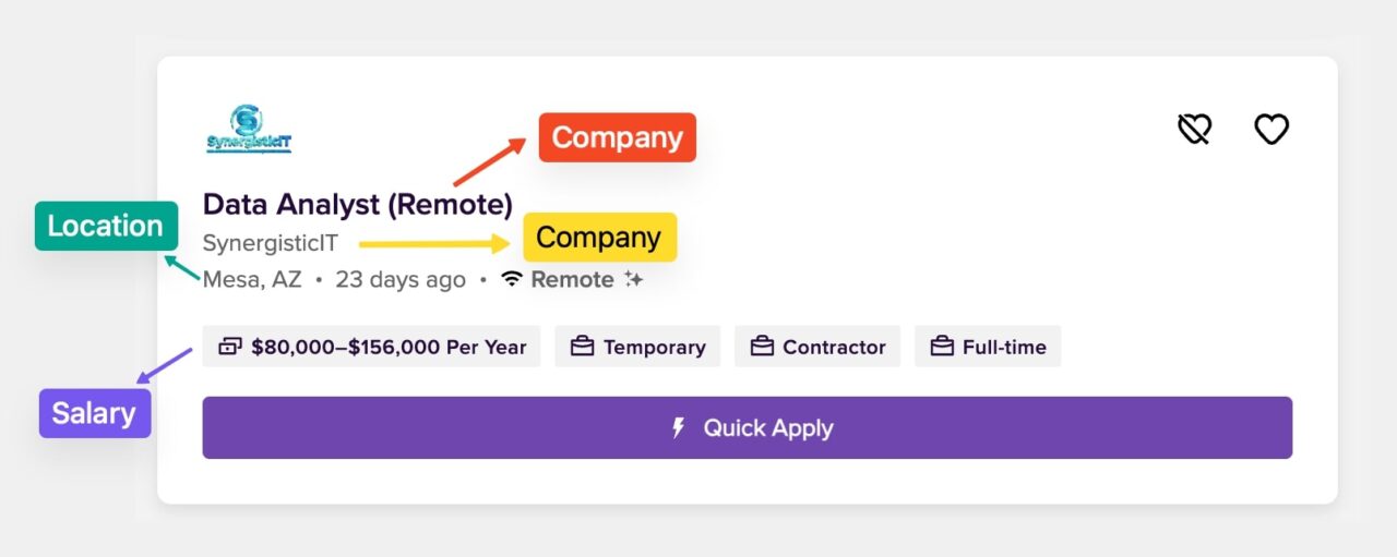 Remote data analyst job listing with salary and company info